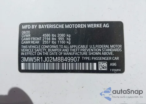 2021 BMW 330I z USA, uszkodzony, nr VIN 3MW5R1J02M8B49907